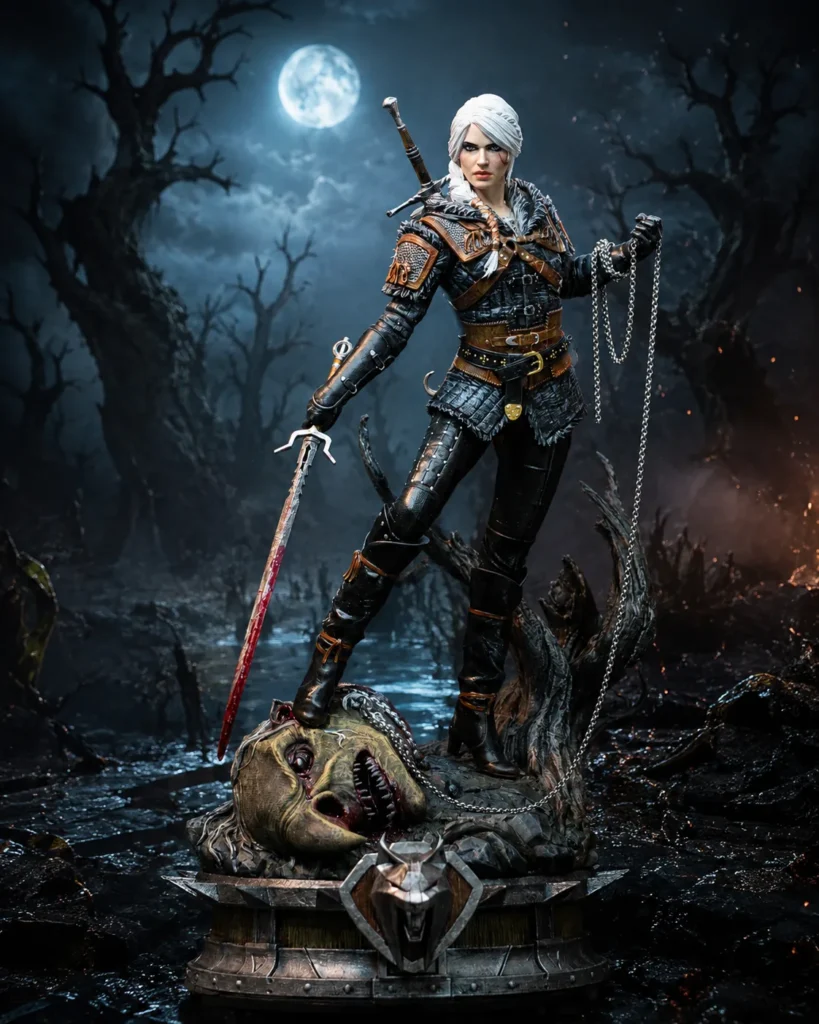 Arte de capa: estátua de Ciri com a espada ensanguentada em punho, montada sobre um pântano enluarado de árvores mortas
