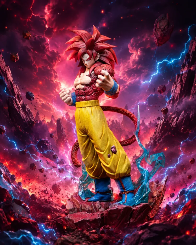 Arte de capa: estátua de Goku Super Saiyajin 4 em posição de carga, montada sobre um cenário cósmico de raios e rochas vermelhas