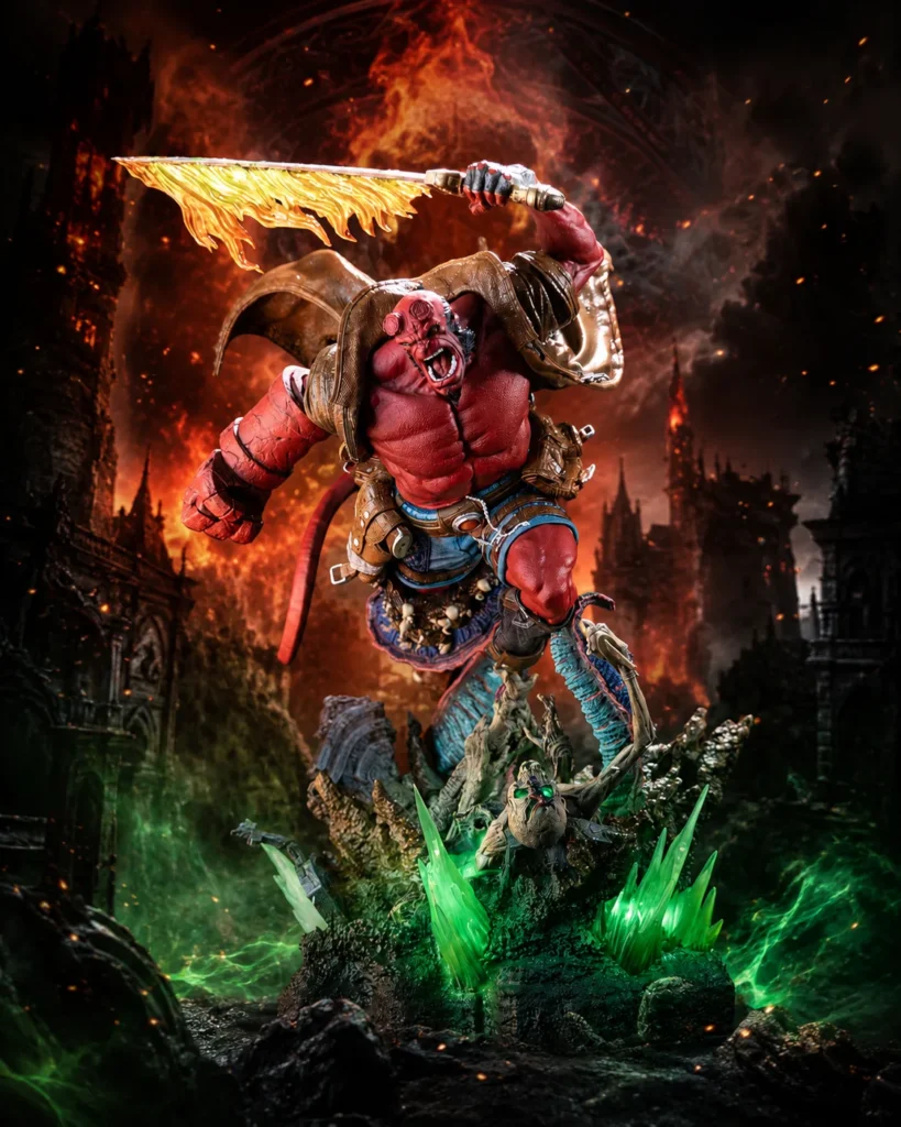 Arte de capa: estátua de Hellboy em escala 1/6 com a espada flamejante erguida, montada sobre um cenário de ruínas góticas em chamas e névoa verde