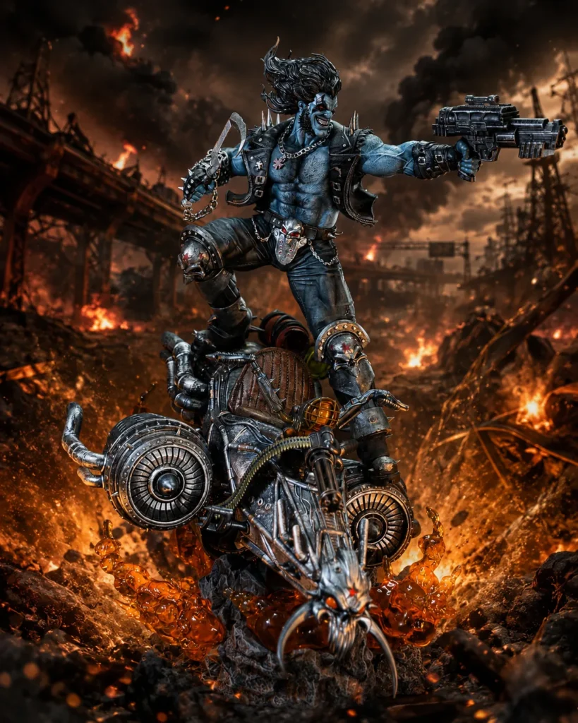 Arte de capa: estátua de Lobo sobre a moto, arma em punho, montada sobre um cenário industrial em chamas